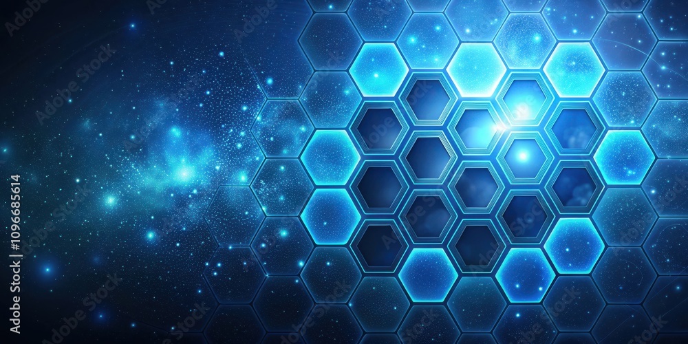 Poster abstract hexagon grid pattern with glowing blue lines and a starry background