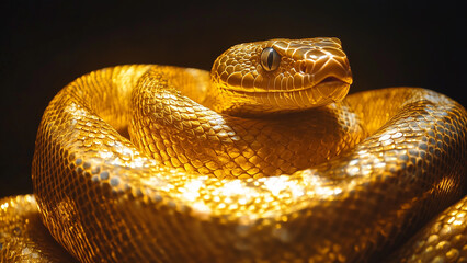 Fototapeta premium Shimmering Majesty: Intricate Gold-Leaf Scales of a Coiled Snake