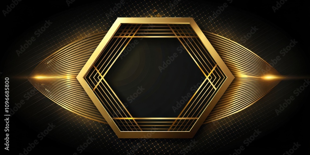 Poster Elegant Golden Hexagon Frame with Abstract Lines and Grid Pattern on Black Background