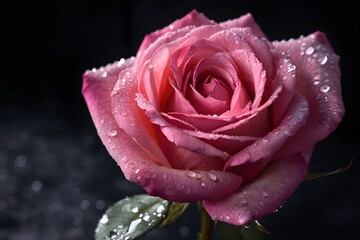 Close-Up of a Dew-Kissed Pink Rose on a Dramatic Dark Background for Valentine’s Day