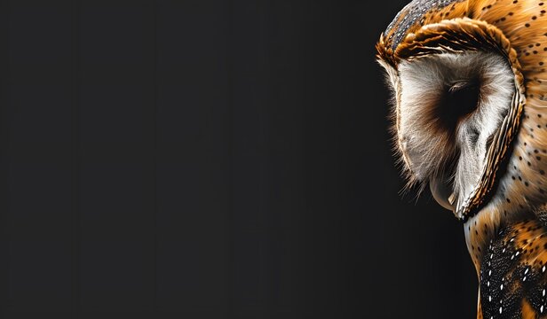 Close-up of an owl against a dark background, highlighting its intricate feather patterns and intense gaze. - Powered by Adobe