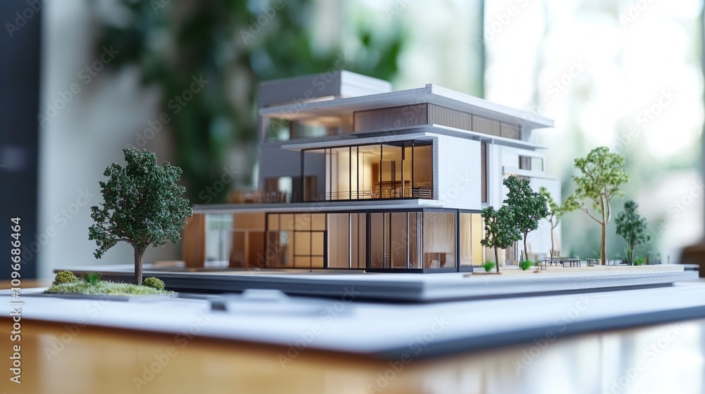 Poster A model of a large house with a tree in front of it
