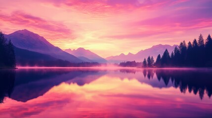 Fototapeta premium A breathtaking view of a tranquil lake surrounded by majestic mountains, reflecting vibrant colors of the sunset in pink and orange hues.