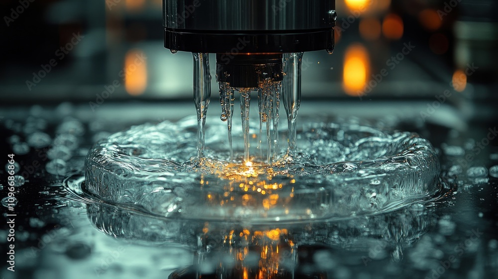 Poster liquid precision: a mesmerizing close-up of water droplets impacting a surface, creating intricate r