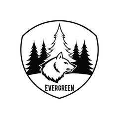 Obraz premium silhouette Wolf and Pine Trees Emblem - Evergreen Logo Design vector illustration