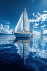 Fototapeta premium Sailboat sailing on calm blue waters with reflection and picturesque sky creating a serene maritime scene