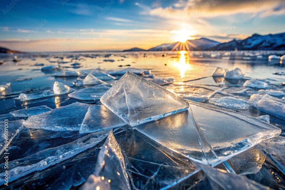 Wall mural Frozen lake at sunset with sunlight shining through ice texture