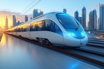 Naklejka premium Modern high-speed train is moving on the railway at sunset in dubai, uae, showcasing a futuristic cityscape and advanced transportation technology