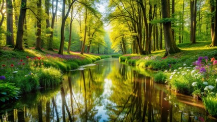 Fototapeta premium A serene forest stream meanders through lush greenery, its calm waters reflecting the vibrant canopy of trees and the colorful blooms along its banks.