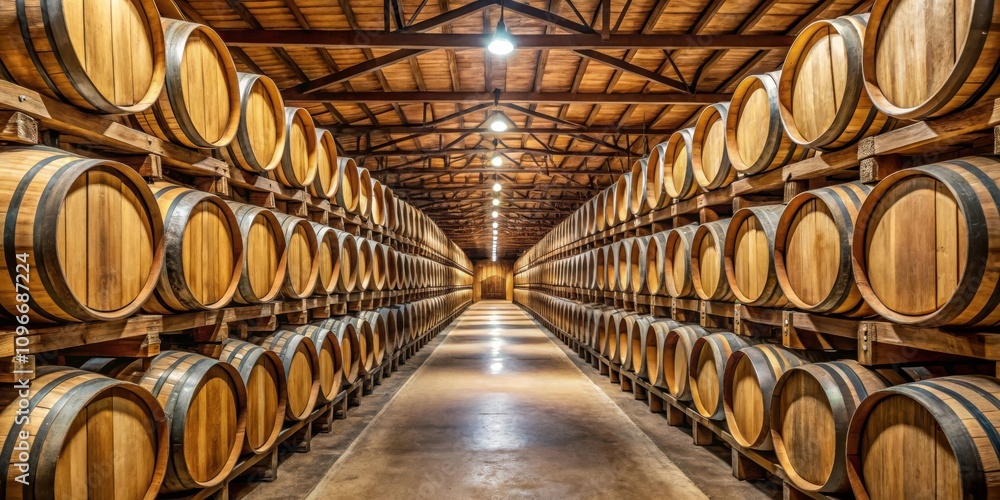 Poster rows of wooden barrels line the walls of a dimly lit warehouse, their weathered surfaces reflecting 