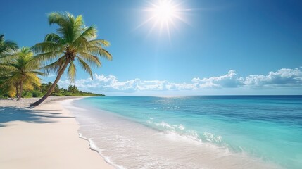 Fototapeta premium Gorgeous white sand beach with palm trees and turquoise water under a sunny sky
