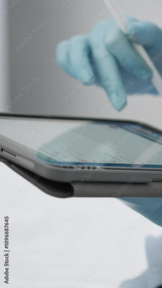 Poster in a medical setting, a healthcare provider is using a digital tablet with a stylus for efficient da