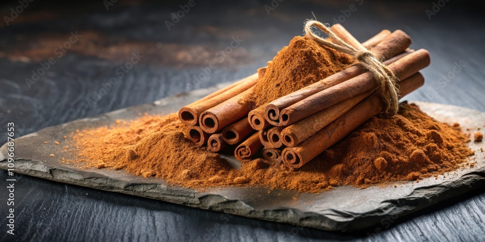 Poster Cinnamon sticks tied with twine resting on a pile of ground cinnamon, creating a warm and inviting aroma
