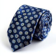 Realistic photo of a stylish blue tie featuring circular patterns, isolated on a clean white background, showcasing fine details and modern design.