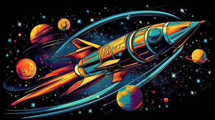 Obraz premium Colorful cartoon rockets exploring the vibrant cosmos. Space Background for Wallpaper. AI generated image