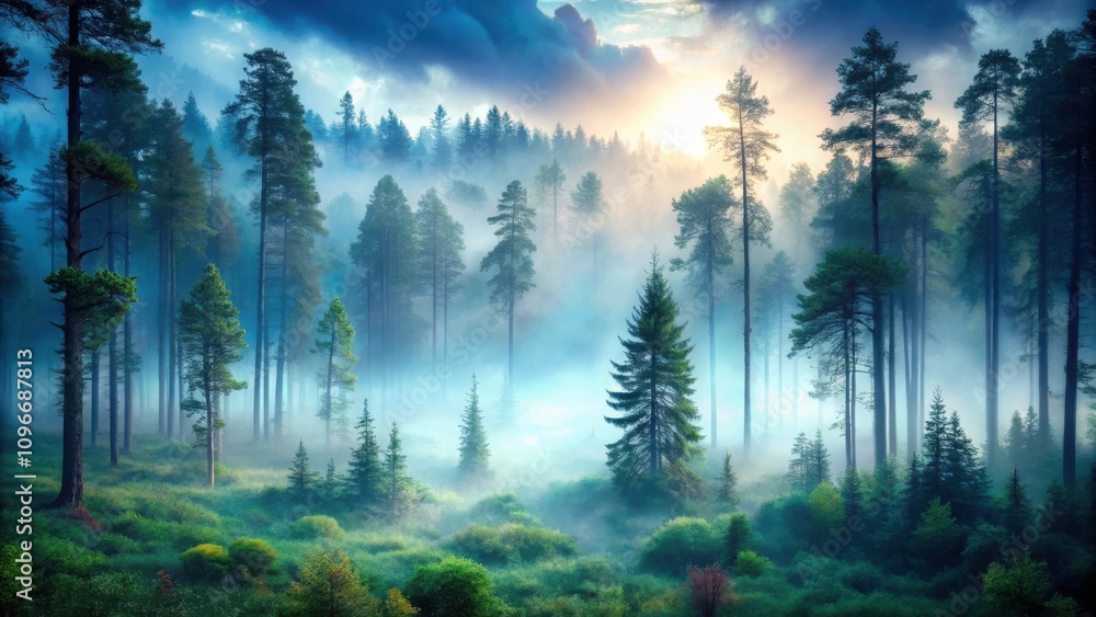 Aufkleber a mystical forest bathed in ethereal morning mist, the sun's golden rays filtering through the dense