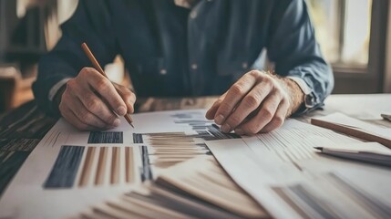 A person analyzing color swatches and designs on paper, focused on a creative project.