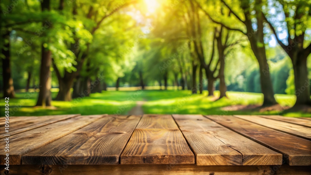 Poster rustic wooden table top with a blurred background of a lush green forest, perfect for showcasing pro