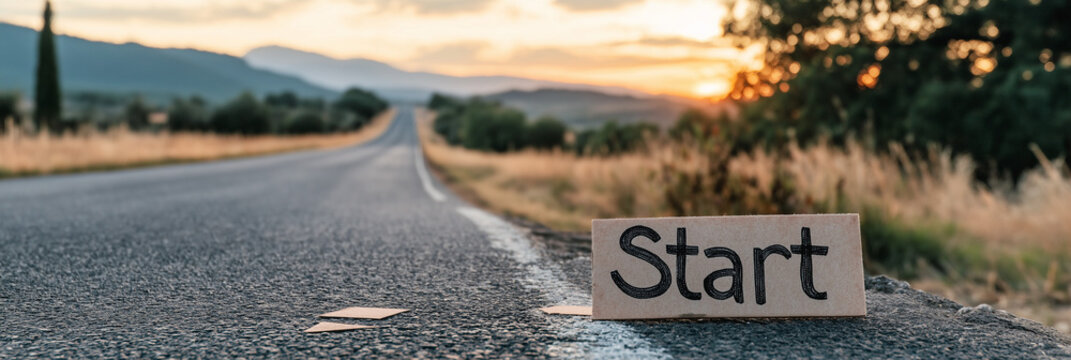 A long road stretching into the horizon under a vibrant sunset sky, with a 'Start' sign symbolizing new journeys, fresh beginnings, and the open road's unlimited possibilities.