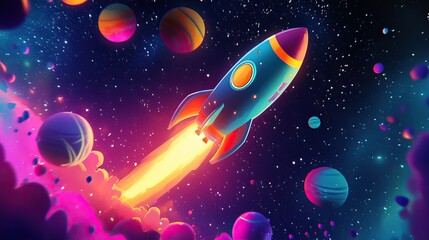Fototapeta premium Colorful cartoon rockets exploring the vibrant cosmos. Space Background for Wallpaper. AI generated image