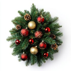 Top view of a beautifully decorated Christmas fir tree, adorned with sparkling ornaments, ribbons, and a star on top, isolated on a clean white background, perfect for holiday-themed designs.