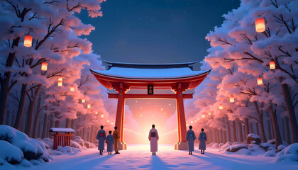 Lantern festival at Torii gate in winter  
