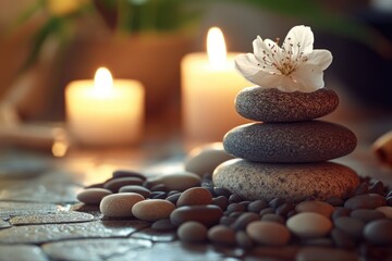 A stack of stones with a flower on top