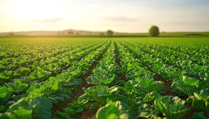 Fototapeta premium Picturesque cabbage field in a rural setting, featuring lush green crops in neat rows, with a calm countryside backdrop under a clear sky