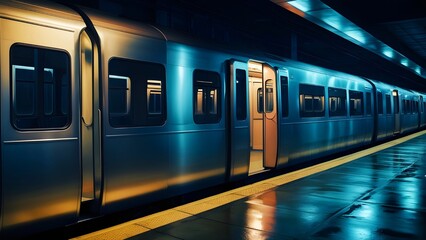 Fototapeta premium Silent Subway at Night Open subway Door Revealing an Empty Interior