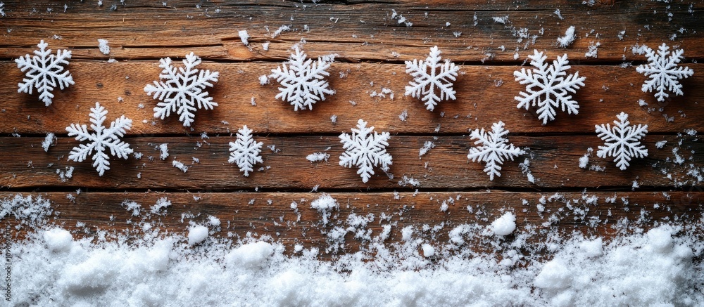 Poster winter snowflakes arranged on rustic wooden backdrop with scattered snow creating a festive atmosphe