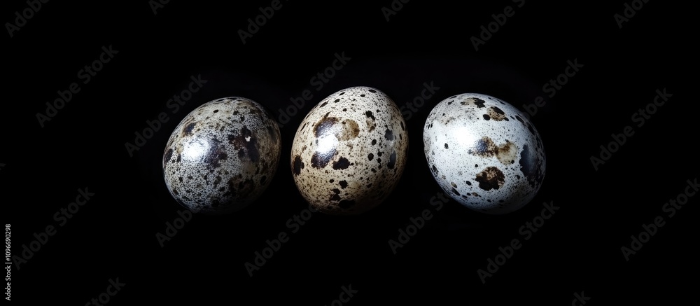 Poster quail eggs displayed on a dark background showcasing their unique speckled patterns and textures for