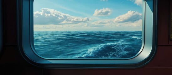 Fototapeta premium Ocean view from ferry window showcasing tranquil waters and a picturesque sky with fluffy clouds. Ideal for travel and maritime themes.