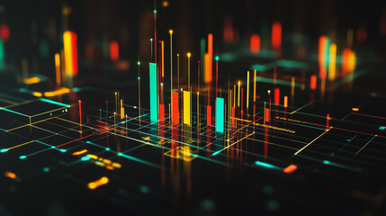 Abstract black background with Colorful charts and graphs with statistics to innovative analyze business potential and forecast future development of companies growth.