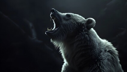 Naklejka premium A powerful bear roars in a dimly lit setting.
