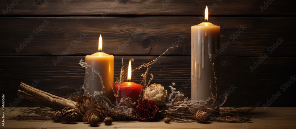 Poster candles surrounded by decorative elements on rustic wooden backdrop creating a warm and inviting amb