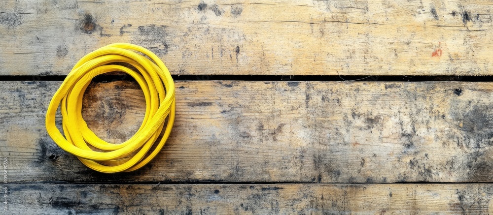 Aufkleber yellow rubber loop arranged neatly on a weathered wooden surface showcasing texture and color contra