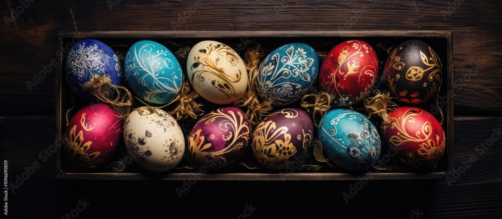 Poster decorative easter eggs in a wooden box displayed on a rustic dark table showcasing colorful patterns