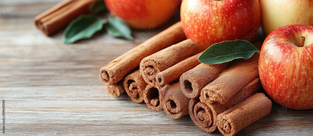 Poster apple pie cake with fresh apples and cinnamon sticks on a rustic wooden table background featuring a