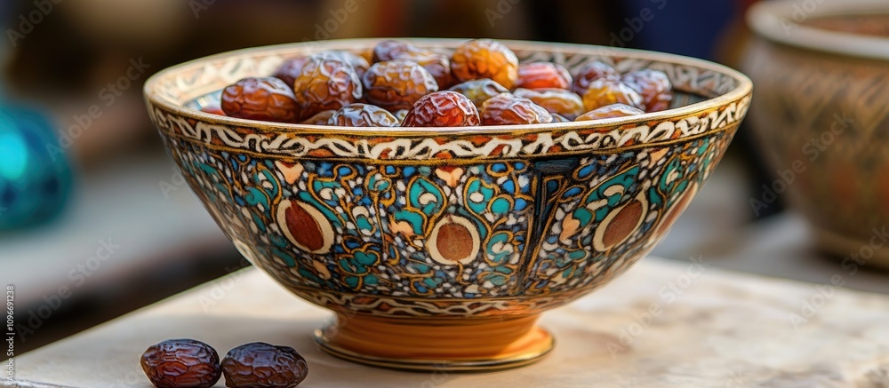Poster decorative bowl filled with dates showcasing intricate patterns and vibrant colors on a rustic backg
