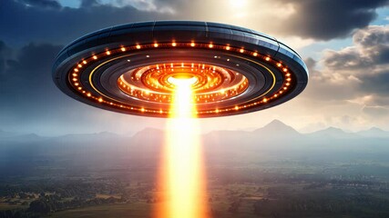 Huge ufo flying over countryside shooting light beam