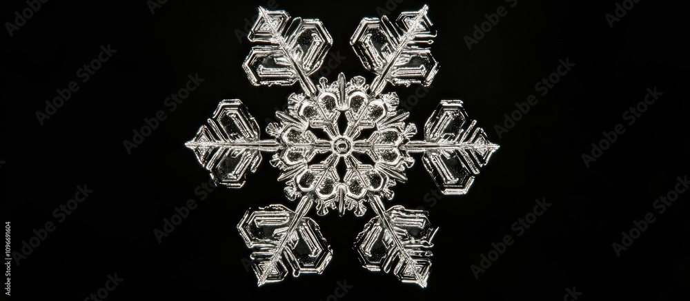 Poster close-up of intricate snowflake patterns captured against a deep black background showcasing nature'