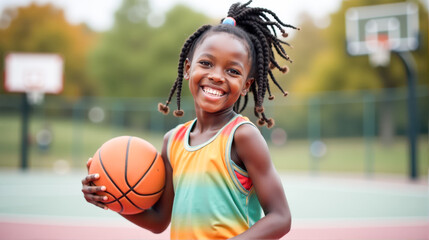 Young girl enjoying basketball at a sunny outdoor court with a joyful smile in the afternoon