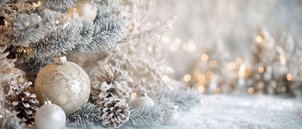 Poster magical winter wonderland scene with frosted pine branches shimmering holiday twinkling string light