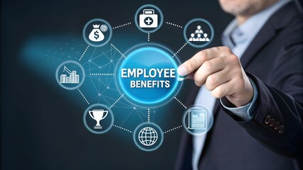 Employee Benefits and Compensation Strategy Concept. Icons showcasing employee benefits like healthcare, insurance, vacation, financial perks, workplace incentives, and reward strategies