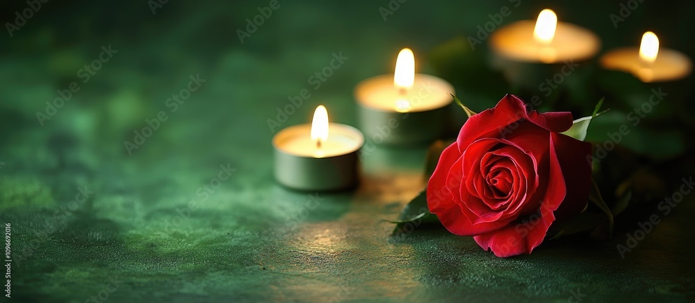 Poster elegant table setting with a single rose and lit candles on a textured green background for romantic