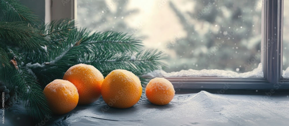 Poster tangerines on a gray surface with snow-covered window and christmas tree branches creating a serene 