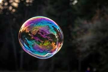 Iridescent soap bubble forms a swirling vortex of colors against a dark background, shimmering effect, microscopic view, colorful soap bubble, fantasy galaxy