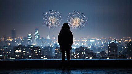 Fototapeta premium A silhouette watches fireworks light up a city skyline at night, creating a vibrant and celebratory atmosphere.