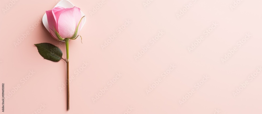 Poster Flat lay romantic decoration with a pink rose on a soft pink background creating a serene atmosphere and ample copy space for design usage