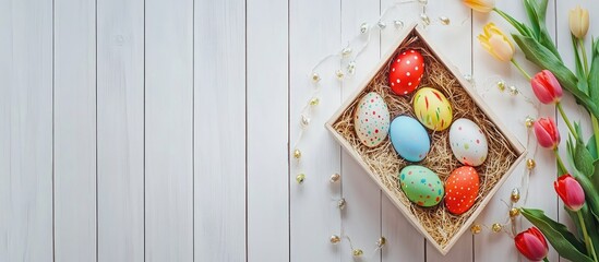 Aerial view of colorful Easter eggs in wooden box with tulips on white wooden table festive spring decor with space for text